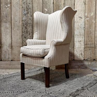 Reupholstered Ralph Lauren Pinstripe Wingback Chair Pair
