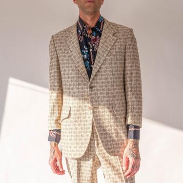 Vintage 60s 70s BILL BLASS Tan & Brown Geometric Plaid Pattern Two Button Mod Suit | Made in USA | 1960s 1970s Designer Mens Flare Leg Suit 