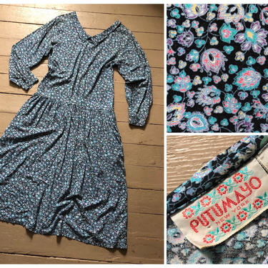 vintage ‘80s - early ‘90s PUTUMAYO cottage floral print rayon dress | romantic black &amp; blue flowers, drop waist with collar 