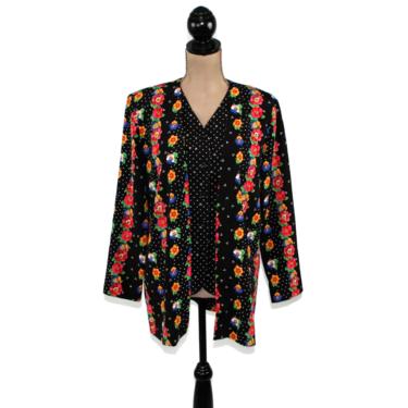 80s 90s Long Sleeve Blouse Layered Tunic Top Black Print Colorful Pansy Floral & Polka Dot Loose Fitting Napa Valley Vintage Clothing Women 