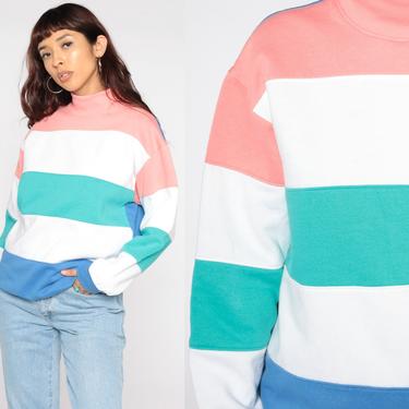 80s Striped Sweatshirt -- Retro Sweatshirt Color Block White Pink Blue Mock Neck Sweatshirt Slouchy Pullover Vintage 1980s Slouch Medium 