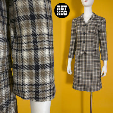 Classy Vintage 50s 60s Gray Blue Plaid Wool Two-Piece Skirt Suit 