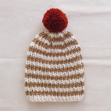 Little Minnows Hand Knit Baby Beanie Hat // Maple Sugar Stripe with Pumpkin Pompom 