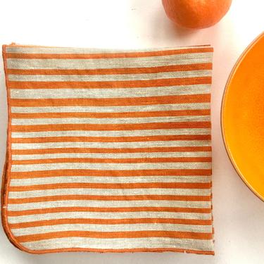 Striped linen napkins, bright orange, hand printed, stripes, tangerine, fun colors, bright colors 
