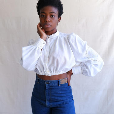 Vintage 80s Cropped White Blouse with Balloon Sleeves/ 1980s Band Collar Peasant Blouse/ Embroidery/ Size Medium Large 