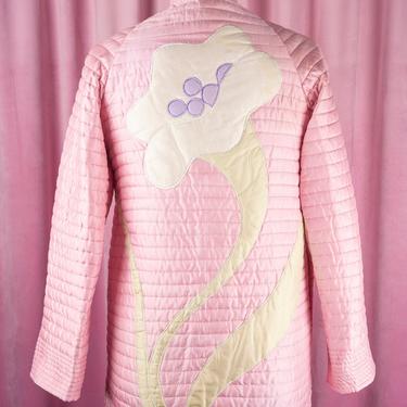 Gorgeous Vintage Pastel Pink / Purple Reversible Quilted Silk Jacket with Morning Glory Applique and Chinese Knot Buttons 