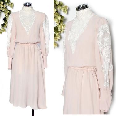 vtg Sheer Beige Pink Lace Dress, Vintage Dress 1970's Victorian style Wedding Dress, 70's Hippie Bogo Gown 