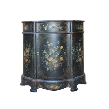 Chinese Oriental Black Gold Lacquer Flower Graphic Side Table cs5307E 
