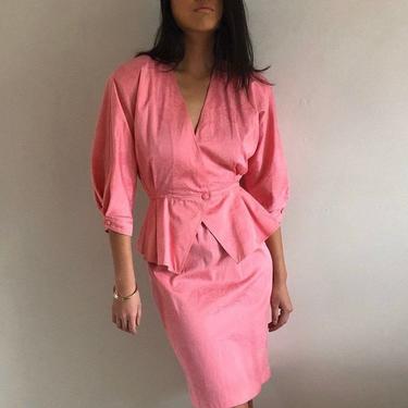 80s Emanuel Ungaro suit / vintage Ungaro Parallele bubblegum pink linen damask puff batwing sleeve nipped waist peplum skirt suit | S M 