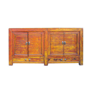 Oriental Distressed Brown Graphic Low TV Console Table Cabinet cs5938E 