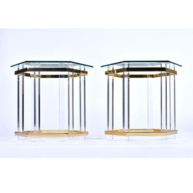 Pair of Clear Acrylic Lucite and Gold Colored Brass Side Tables 