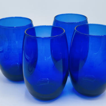Rare Vintage set of four Cobalt Blue Glass Cocktail  drinking glasses-Blown Glass 16 Ounce 