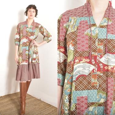 Vintage 1970s Dress / 70s Printed Cotton Smock Dress / Burgundy Green ( S M L ) 