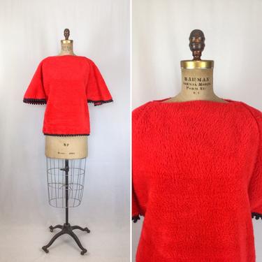 Vintage 60s top | Vintage red faux fur apres skiing top | 1960s Sportcaster Ski Fashion shirt 