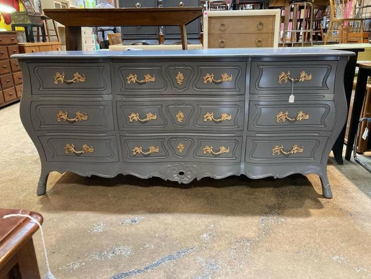 Gray French provincial dresser. All the top drawers have dividers.