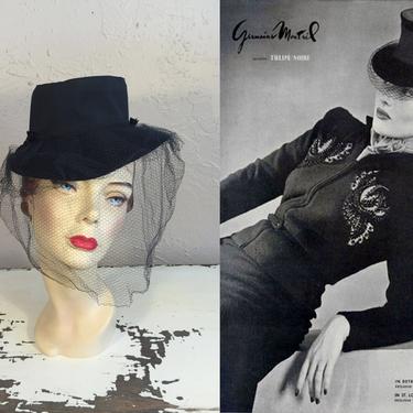She Always Leaned On Her Morals - Vintage WW2 1940s Navy Felt Tilt Topper Stove Top Hat w/Veil 