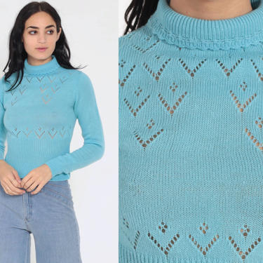 Pointelle Cutout Sweater Baby Blue Sweater 70s Knit Turtleneck Sweater Sheer Sweater Pullover Cut Out 1970s Vintage Jumper Extra Small xs 
