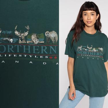 Canada Wildlife Shirt Wolf Deer Loon Animal TShirt Bear T Shirt 90s Graphic Tshirt 1990s Green Tee Medium Large 