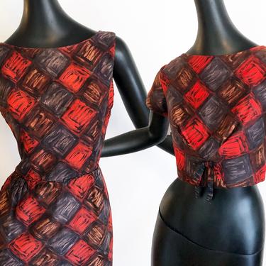 Vintage 50s Rockabilly Dress + Jacket 2 Piece Set | Sexy Pin Up Bombshell Pencil Sheath | Red Gray Brown Harlequin Check Sketch Print Cotton 