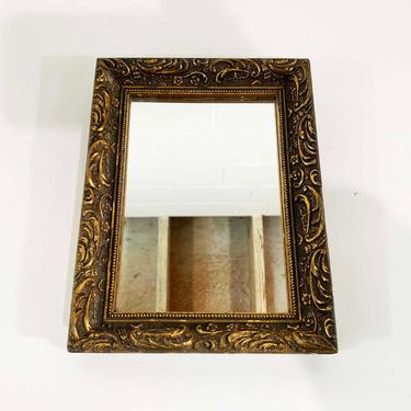Vintage Golden Mirror Wood Gold Rectangle Small Frame Mid-Century Victorian Flowers Framed Wall Hanging 1950s 1960s 60s Hollywood Regency 