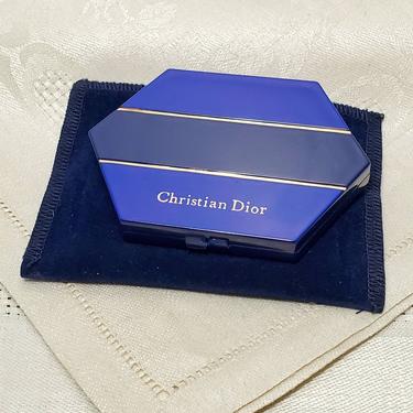 Authentic Christian Dior Blue Geometric Compact Mirror Navy & Gold Stripe 
