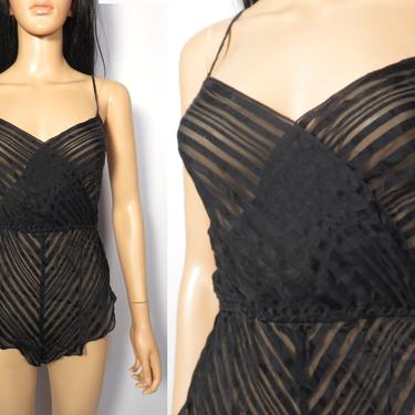 Vintage 90s Black Silk Sheer Stripe Bias Cut Lingerie Sexy Loungewear Romper Size S 