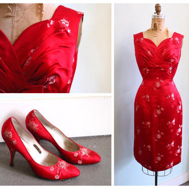 Vintage 1960's Red Silk Satin Dress and Shoe Set | Size Medium 