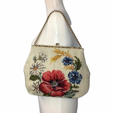 1950s Big Floral Needlepoint Purse with Ornate Floral Embossed Frame 