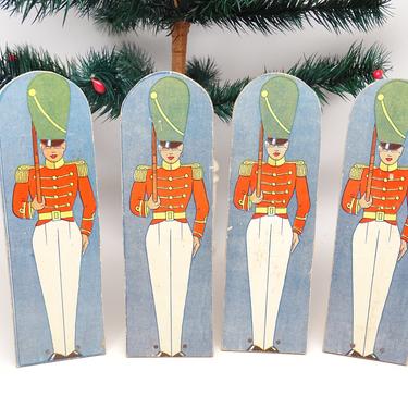 4 Vintage Toy Soldiers, Paper Lithographs on Wood, for Christmas Tree Nativity or Putz 