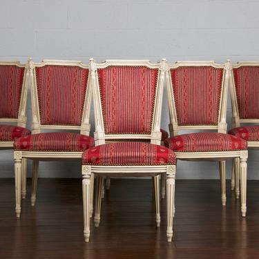 Antique Set of 6 French Louis XVI Style Painted Provincial White Dining Chairs 