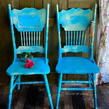 Custom Painted Oak Pressed Back Chair. Boho Teal and Gold Oak Chairs. Bohemian Chairs. Anthropologie Inspired. Cottage Chic. 
