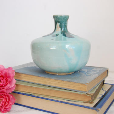 Studio Pottery Vase Bud Vase Vintage Hand Made Teal Drip Glaze Pottery Vase Boho Decor by PursuingVintage1