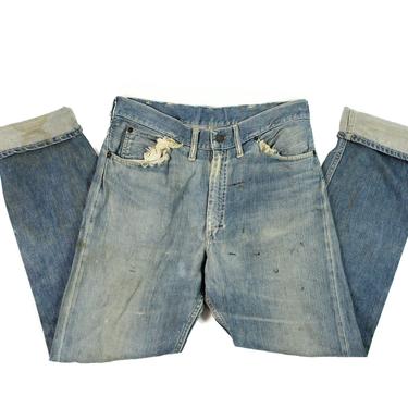 1950s Vintage Mens Workwear Jeans 32x32 Selvedge Denim, Ripped Patched American Work Dungarees 