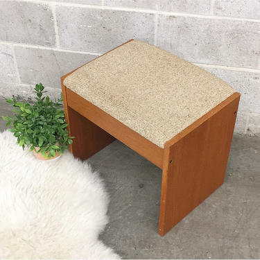 Vintage Ottoman Retro 1990s Danish + Contemporary + Vanity Stool + Wood + Cushioned Seat + Tweed + Denmark + Home Decor and Furniture 