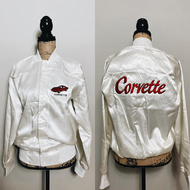 Vintage White Corvette Jacket  Red Embroidery Size Small Bomber Jacket Satin Jacket , 1990s 1980s 