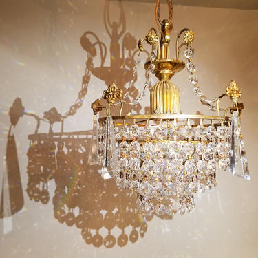 Mid Century Mini Brass and Crystal Chandelier. 10 x 22.