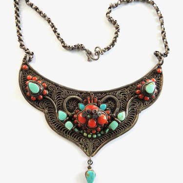 Antique Nepalese Silver Turquoise Coral Bib Face Necklace 