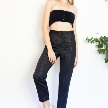 Vintage FENDI Shiny Zucca Pants with Zip Pockets Monogram FF Trousers Jeans Logo sz M Black Liquid Leather 