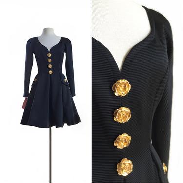 Vintage 80s Ann Lawrence black dress/ fit &amp; flare little black dress/ holiday party dress/ gold rose buttons/ NOS/ LBD 