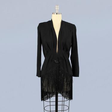 1930s Top / Black Evening Fringe Jacket or Blouse / Low V Neck 