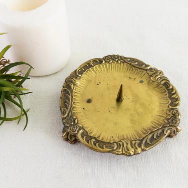 Vintage Cast Brass Candle Holder, Footed Pillar Candle Plate with Spike 