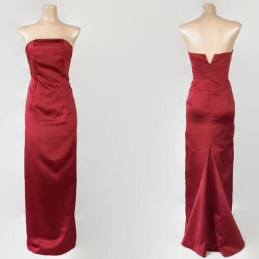 VINTAGE 90s Red Satin Strapless Cocktail Prom Dress | 1990s Formal Bombshell Gown With Train | 90's Bustier Party Dress | After Six 