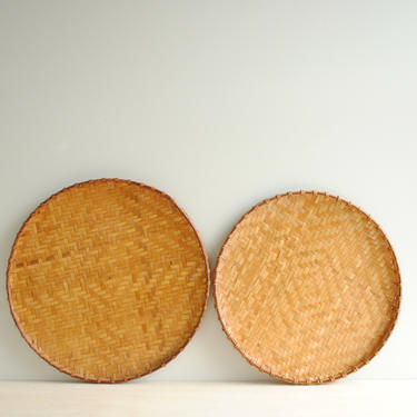 Pair of Vintage Bamboo Basket Trays, Chinese Flat Round Baskets, Nesting Baskets, Wall Basket Set 