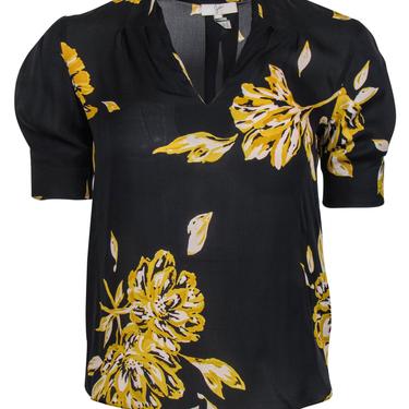 Joie - Black & Yellow Floral Print Short Sleeve Silk Blouse Sz XXS