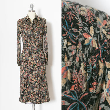 1970s Knit Dress Botanical Print Small 