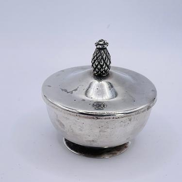 Vintage Sterling Silver Round Pill Lidded Salt Cellar Small Pineapple Finial- Marked Sterling 