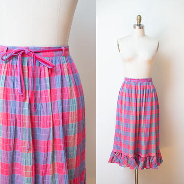 1980s Plaid Skirt / 80s Pink Plaid Madras Ruffle Hem Skirt 