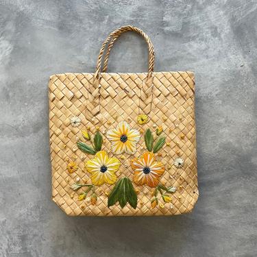Vintage Woven Palm Leaf Tote Bag with Yellow Flowers | Floral Pattern | Vintage Purse| Made in Philippines 