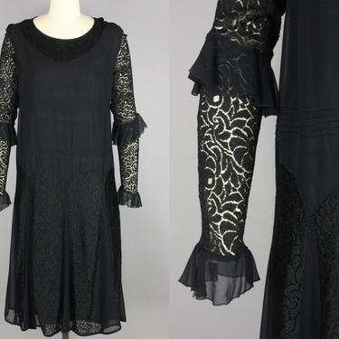 1920s Black Silk & Lace Dress · Vintage 20s Sheer Pin Tuck Drop Waist Dress · Small / Medium 