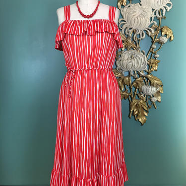 1970s sundress, red striped dress, vintage 70s dress, polyester dress, medium, ruffled neck, tabby of California, red and white summer, 29 